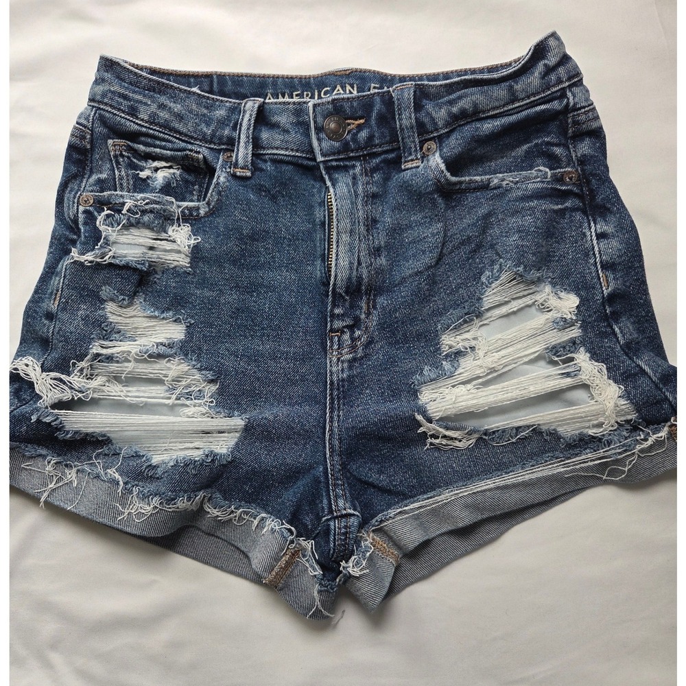 American Eagle Stretch Distressed Denim Shorts Dark Wash Cuffed Size 4